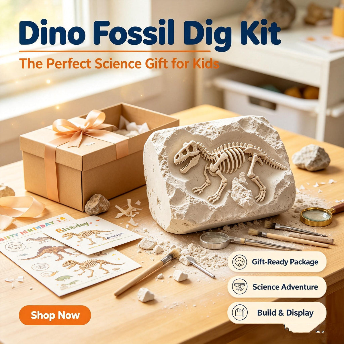 🦖LEEPLLS Dino Fossil Dig Kit for Kids, Excavation Toy Set with Dinosaur Skeleton Building & Tools