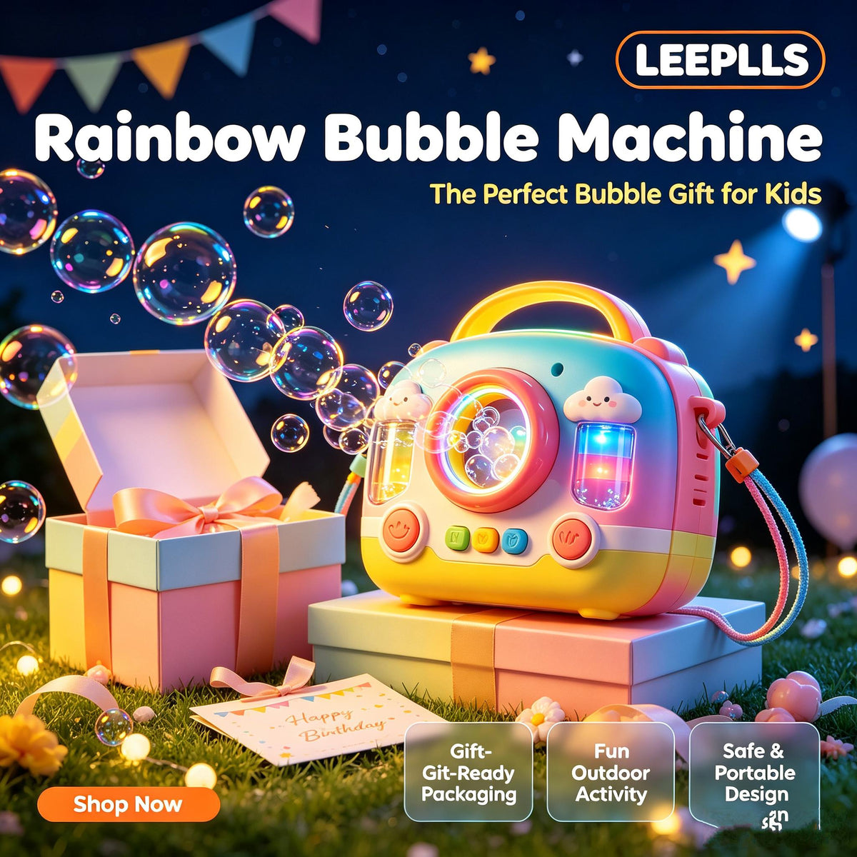 🌈LEEPLLS Rainbow Bubble Machine, Automatic Bubble Blower with Colorful LED Light for Kids