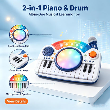 🎹LEEPLLS 2‑in‑1 Piano & Drum Set, Kids Musical Toy with Light‑Up Keys, Microphone & Sound Modes