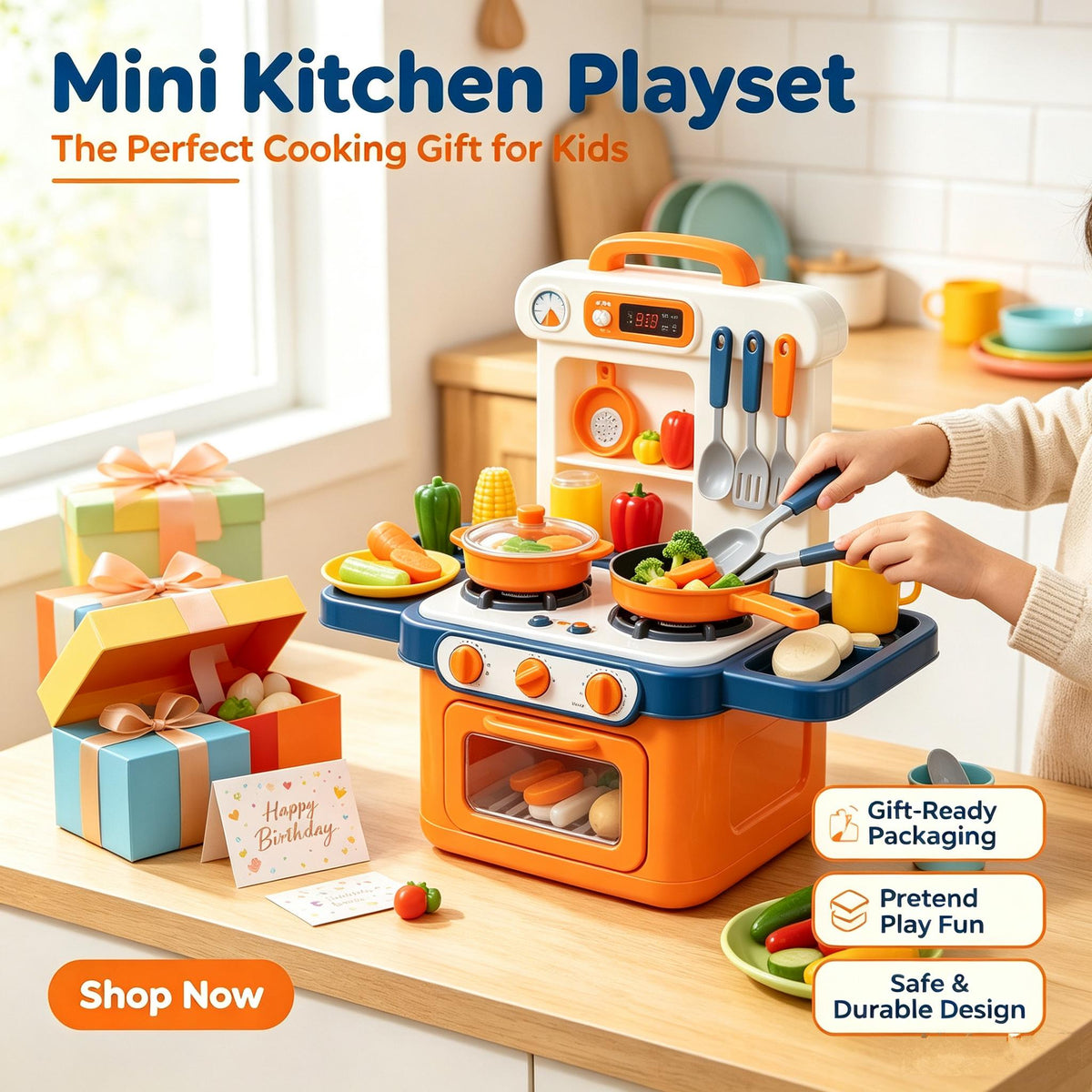🍳LEEPLLS Mini Kitchen Playset for Kids, Toy Kitchen Stove & Oven with Realistic Cooking Tools & Play Food