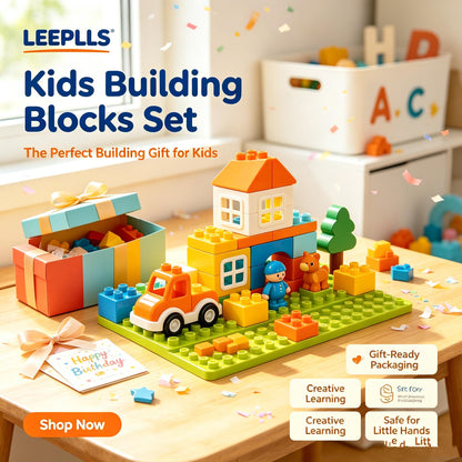 🧱LEEPLLS Kids Building Blocks Set, Large Soft Bricks Construction Toy with Figures, Vehicle & Animal