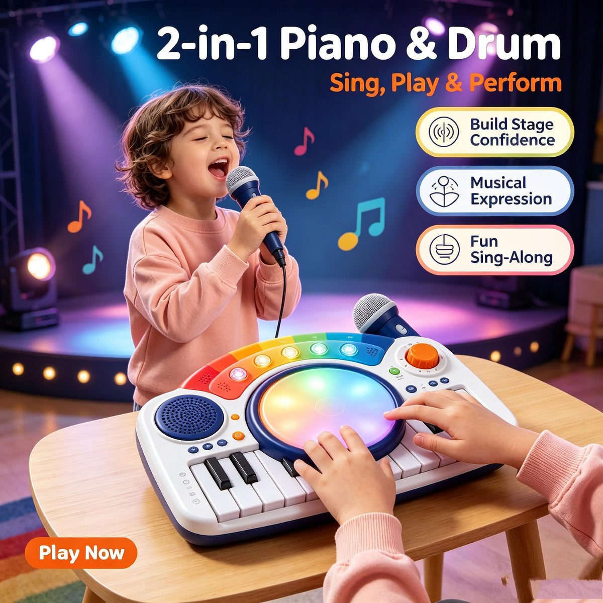 🎹LEEPLLS 2‑in‑1 Piano & Drum Set, Kids Musical Toy with Light‑Up Keys, Microphone & Sound Modes