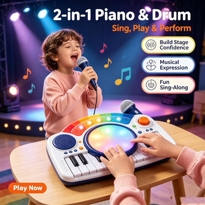 🎹LEEPLLS 2‑in‑1 Piano & Drum Set, Kids Musical Toy with Light‑Up Keys, Microphone & Sound Modes