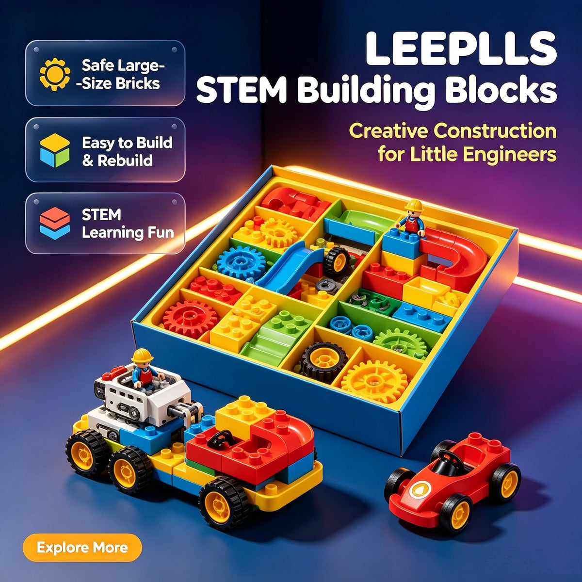 🎁LEEPLLS STEM Gear Marble Run Large Building Blocks Set