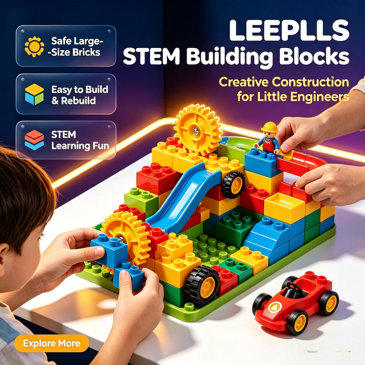 🎁LEEPLLS STEM Gear Marble Run Large Building Blocks Set