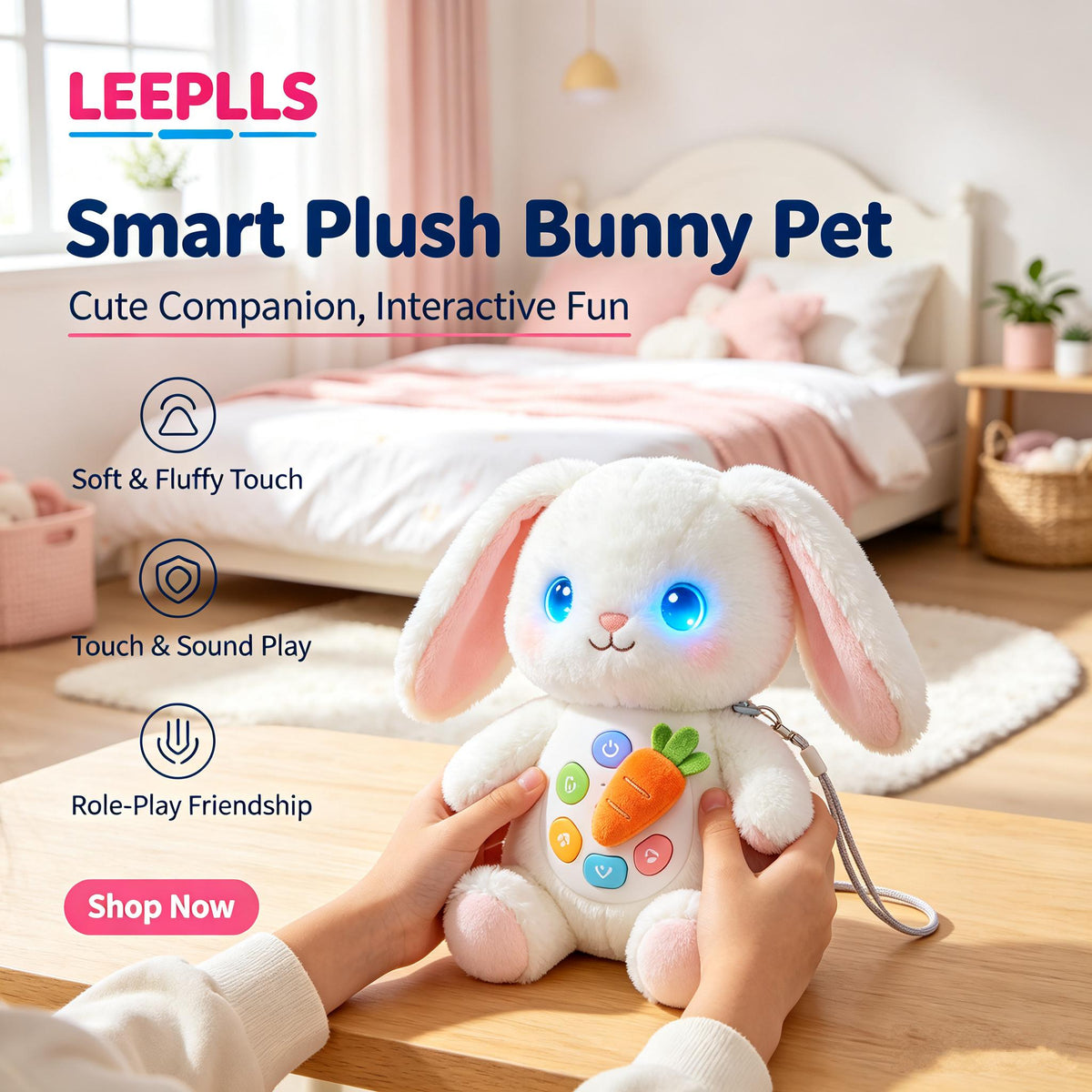 🐰LEEPLLS Interactive Smart Plush Bunny, Talking Glowing Robot Rabbit Pet Toy for Kids