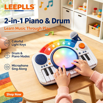 🎹LEEPLLS 2‑in‑1 Piano & Drum Set, Kids Musical Toy with Light‑Up Keys, Microphone & Sound Modes