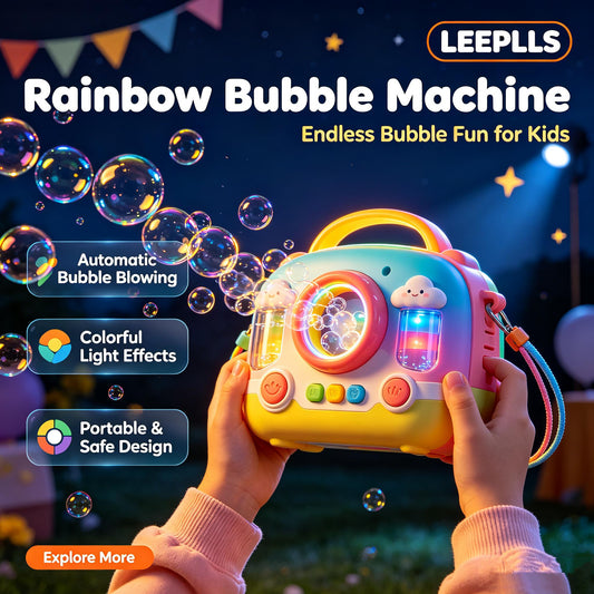 🌈LEEPLLS Rainbow Bubble Machine, Automatic Bubble Blower with Colorful LED Light for Kids