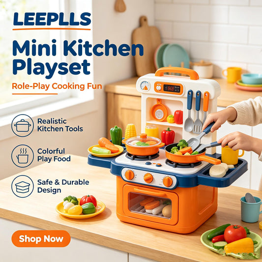🍳LEEPLLS Mini Kitchen Playset for Kids, Toy Kitchen Stove & Oven with Realistic Cooking Tools & Play Food