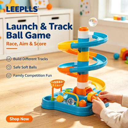 🚀LEEPLLS Launch & Track Ball Game for Kids, Buildable Marble Track with Launcher, Spiral Ramp & Score Basket